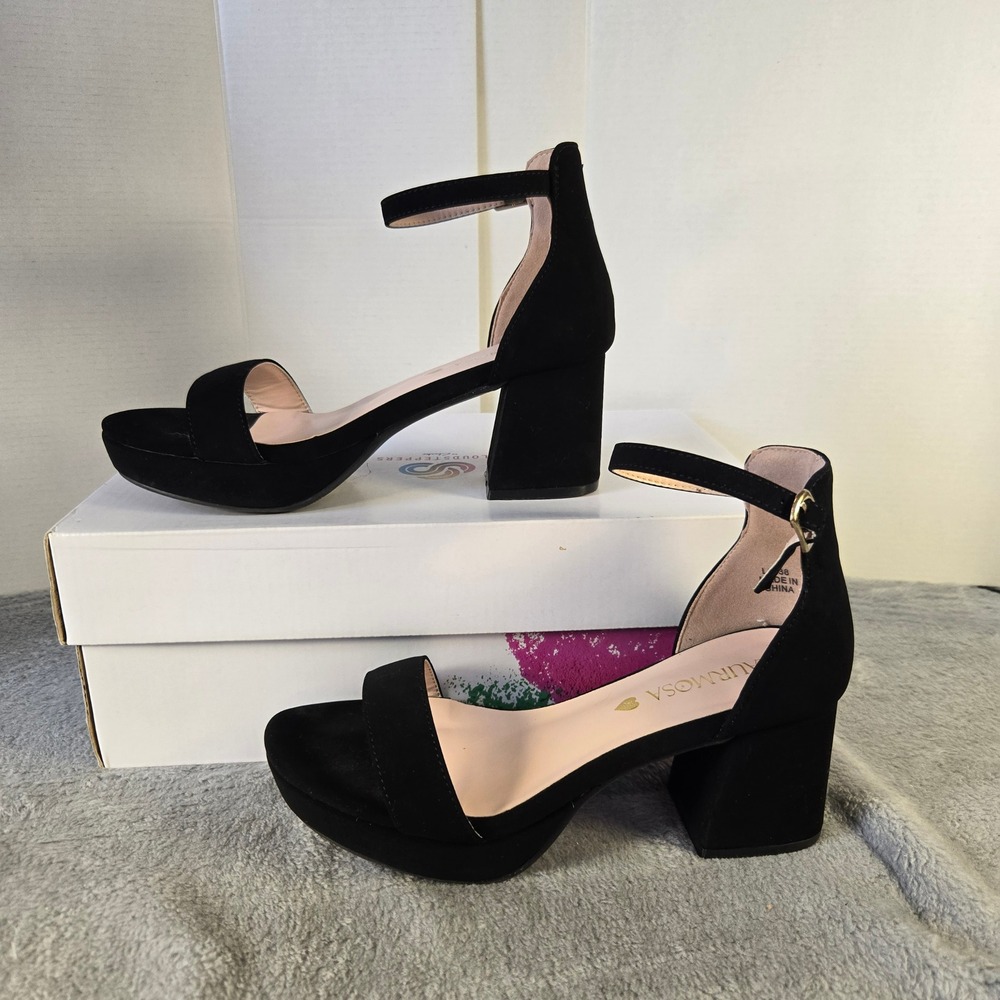 Laurmosa Black Faux Suede Platform Block Heel Ankle Strap Sandals Size 4